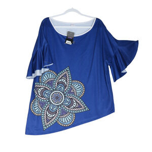NEW Nanu Blue T Shirt Womens Size 1X Gorgeous Flower Flutter Sleeves NWT